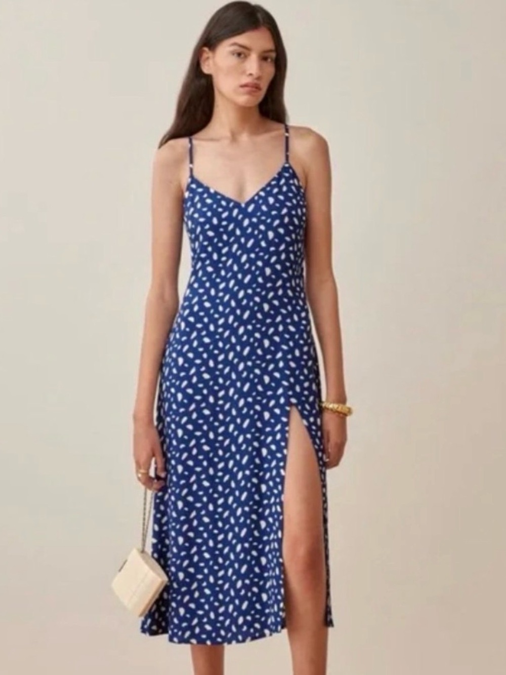Reformation Moray Blue Dot Print Crimini Slip Midi Dress with Side Slit, 8